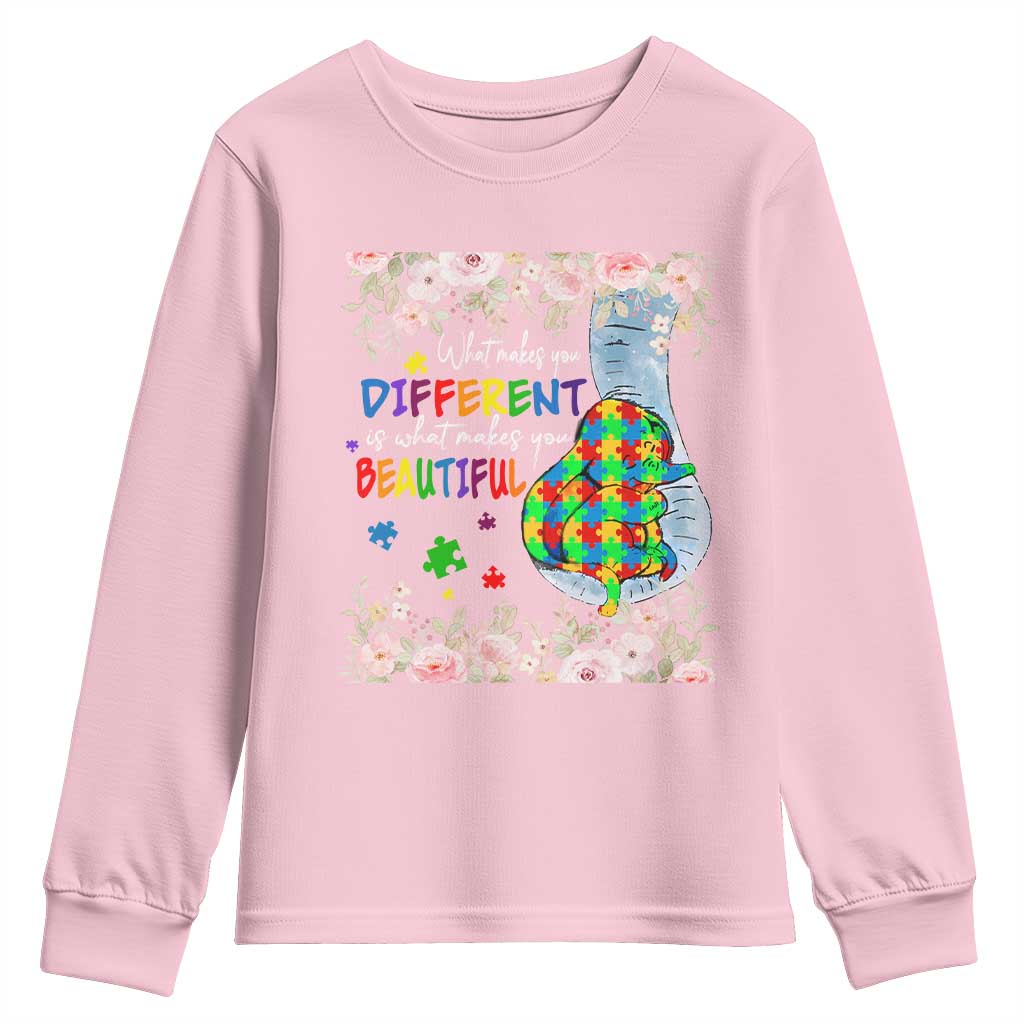 Autism Support Youth Sweatshirt What Makes You Different Is What Makes You Beautiful Autistic Elephant Mom