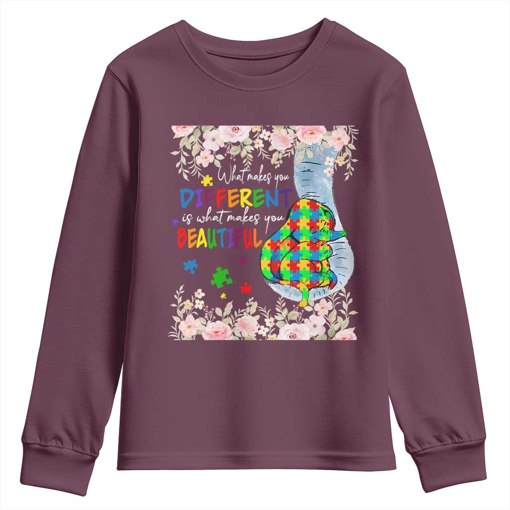 Autism Support Youth Sweatshirt What Makes You Different Is What Makes You Beautiful Autistic Elephant Mom