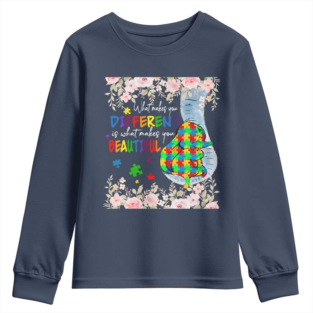 Autism Support Youth Sweatshirt What Makes You Different Is What Makes You Beautiful Autistic Elephant Mom