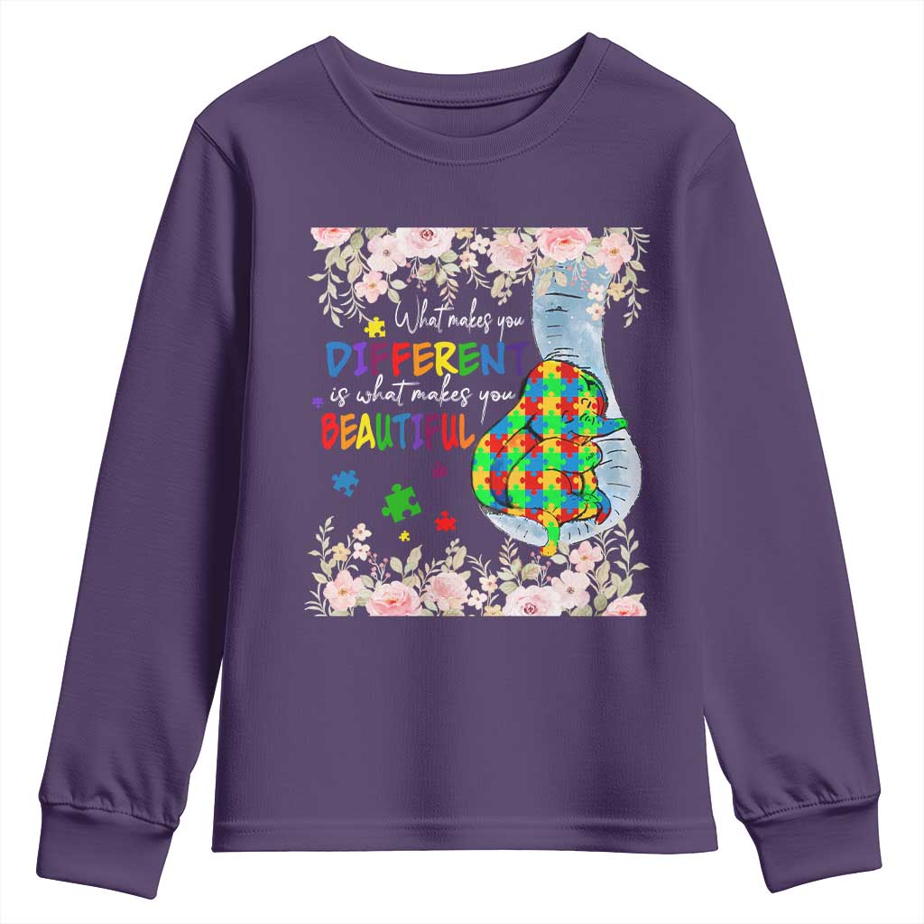 Autism Support Youth Sweatshirt What Makes You Different Is What Makes You Beautiful Autistic Elephant Mom