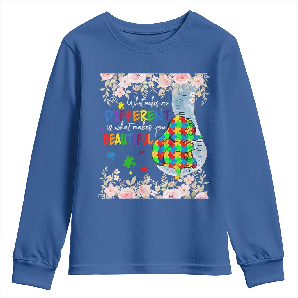 Autism Support Youth Sweatshirt What Makes You Different Is What Makes You Beautiful Autistic Elephant Mom