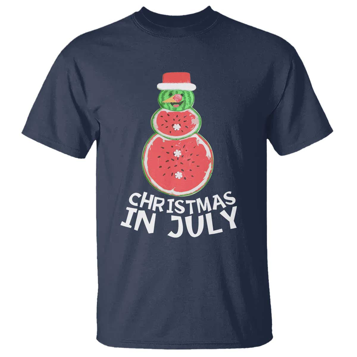 funny-christmas-in-july-watermelon-summer-snowman-t-shirt