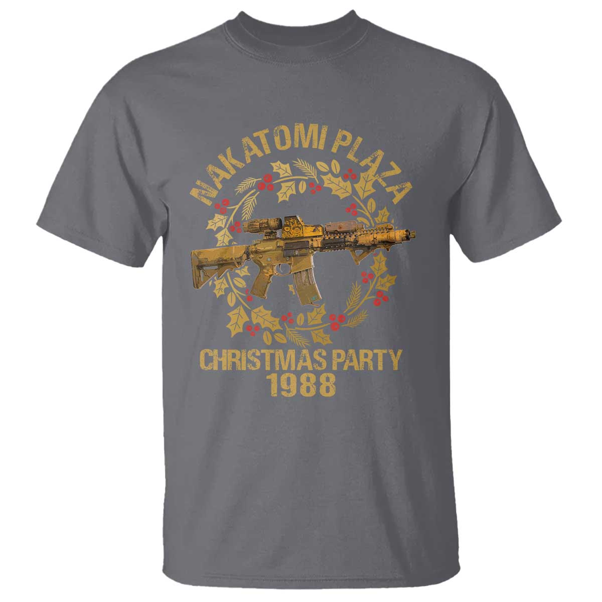 nakatomi-plaza-christmas-party-t-shirt-american-patriotic-gold-holly-wreath-machine-gun