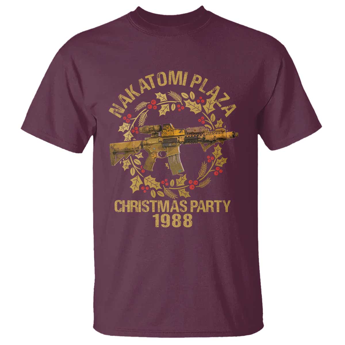 nakatomi-plaza-christmas-party-t-shirt-american-patriotic-gold-holly-wreath-machine-gun