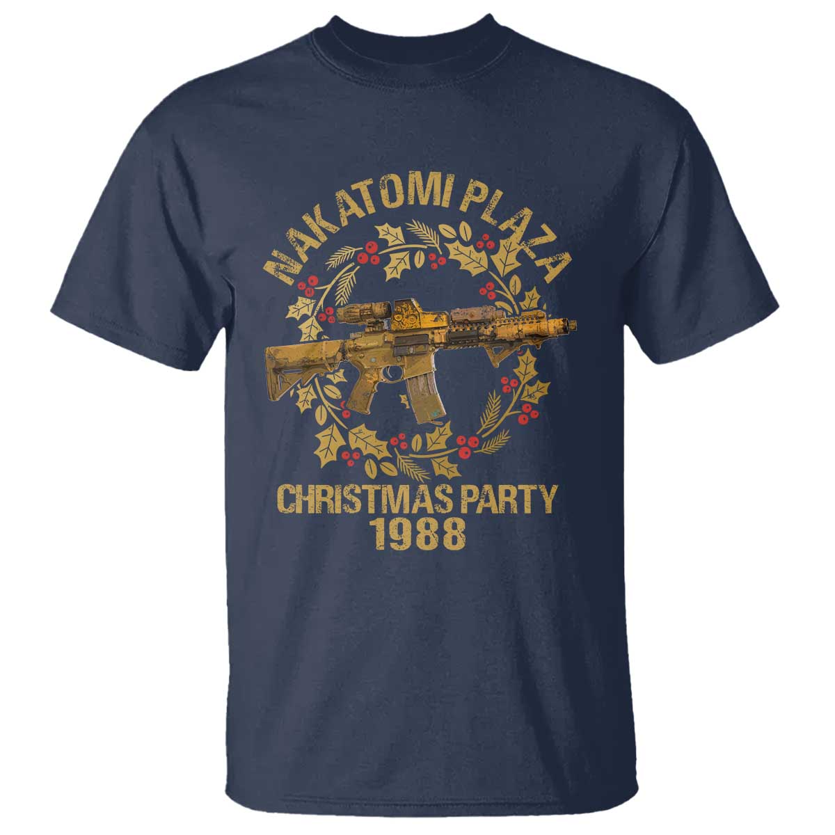 nakatomi-plaza-christmas-party-t-shirt-american-patriotic-gold-holly-wreath-machine-gun
