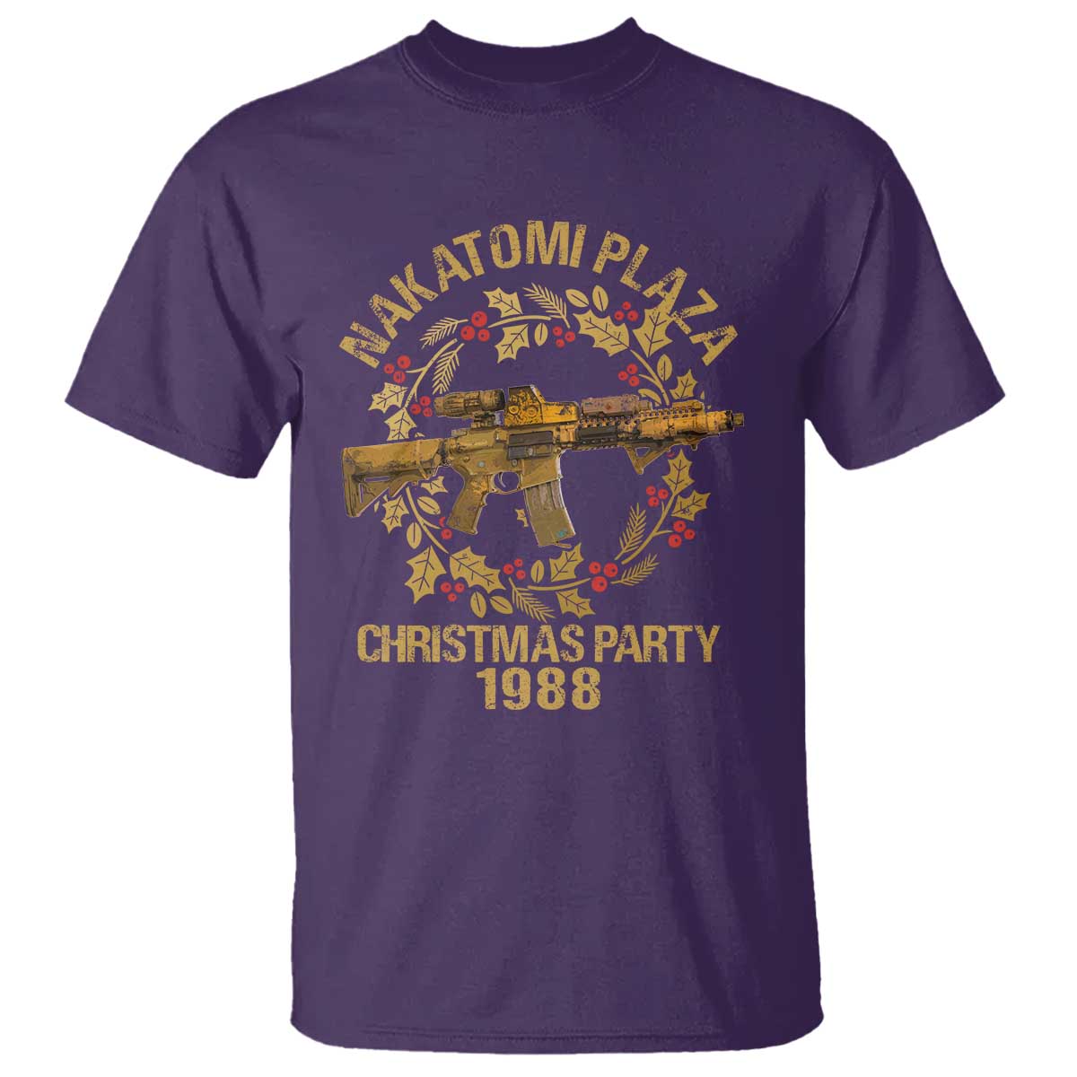 nakatomi-plaza-christmas-party-t-shirt-american-patriotic-gold-holly-wreath-machine-gun