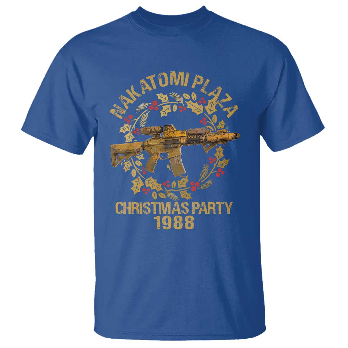 nakatomi-plaza-christmas-party-t-shirt-american-patriotic-gold-holly-wreath-machine-gun