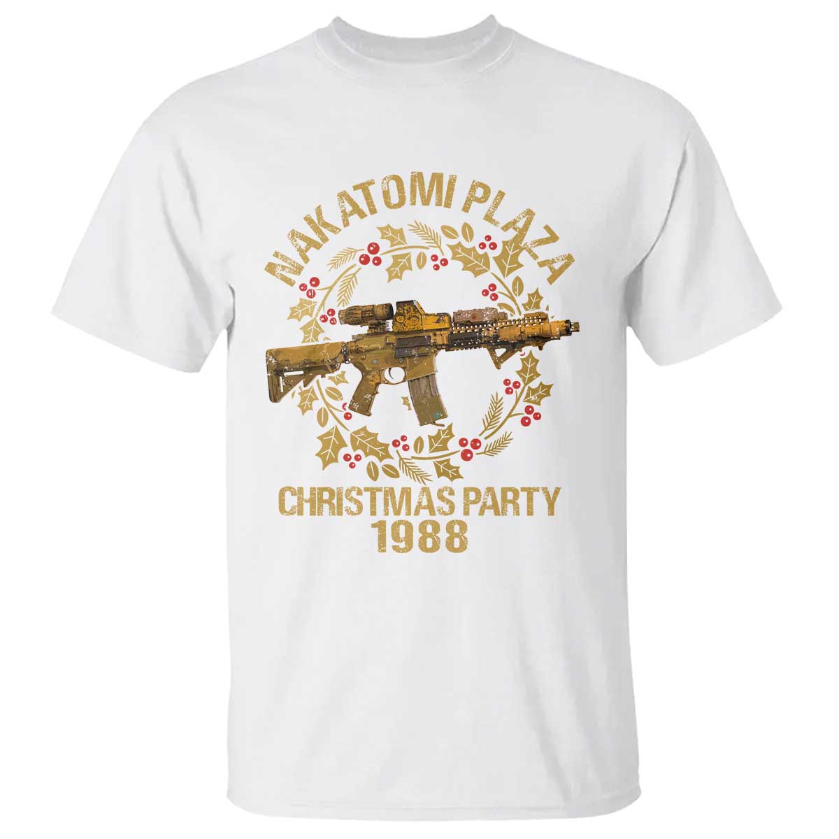 nakatomi-plaza-christmas-party-t-shirt-american-patriotic-gold-holly-wreath-machine-gun