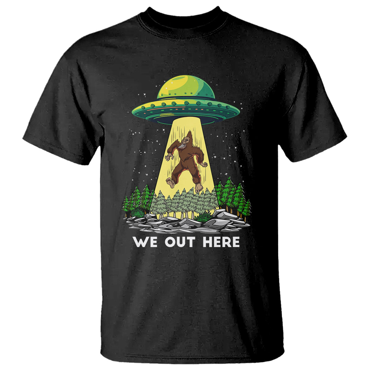 funny-bigfoot-and-ufo-we-out-here-sasquatch-t-shirt