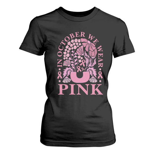 Breast Cancer Support Month T Shirt For Women Boho Floral Vintage Floral Pink Ribbon