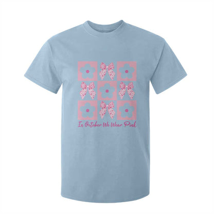 Breast Cancer Support Month T Shirt For Kid In October We Wear Pink Coquette Bow Boho Floral Gift For Mom