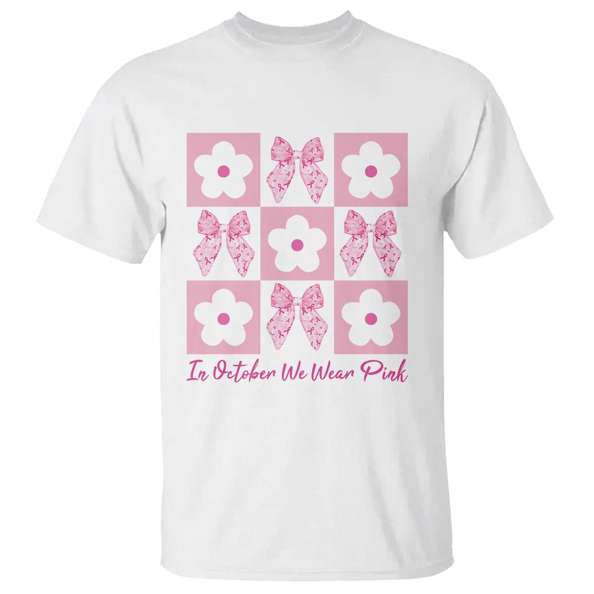 Breast Cancer Support Month T Shirt In October We Wear Pink Coquette Bow Boho Floral Gift For Mom