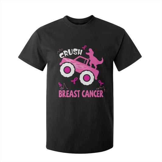 Crush Breast Cancer Support T Shirt For Kid Pink Ribbon Monster Truck Dinosaur