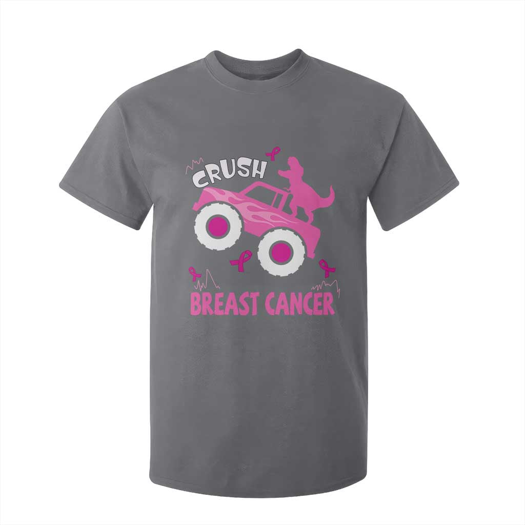 Crush Breast Cancer Support T Shirt For Kid Pink Ribbon Monster Truck Dinosaur