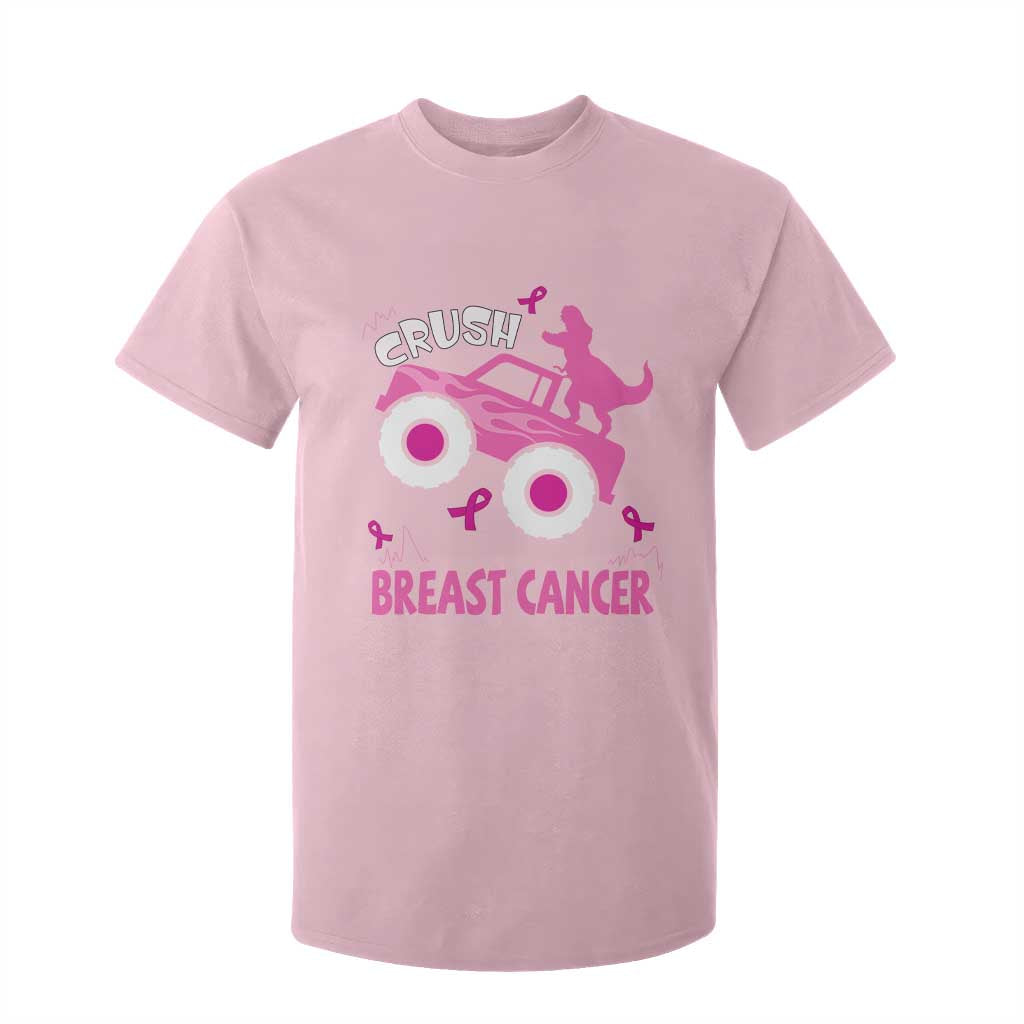 Crush Breast Cancer Support T Shirt For Kid Pink Ribbon Monster Truck Dinosaur