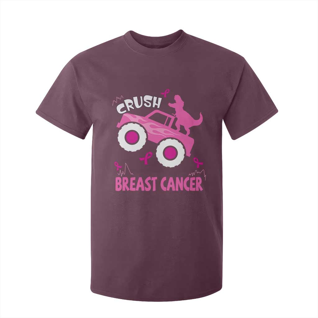 Crush Breast Cancer Support T Shirt For Kid Pink Ribbon Monster Truck Dinosaur