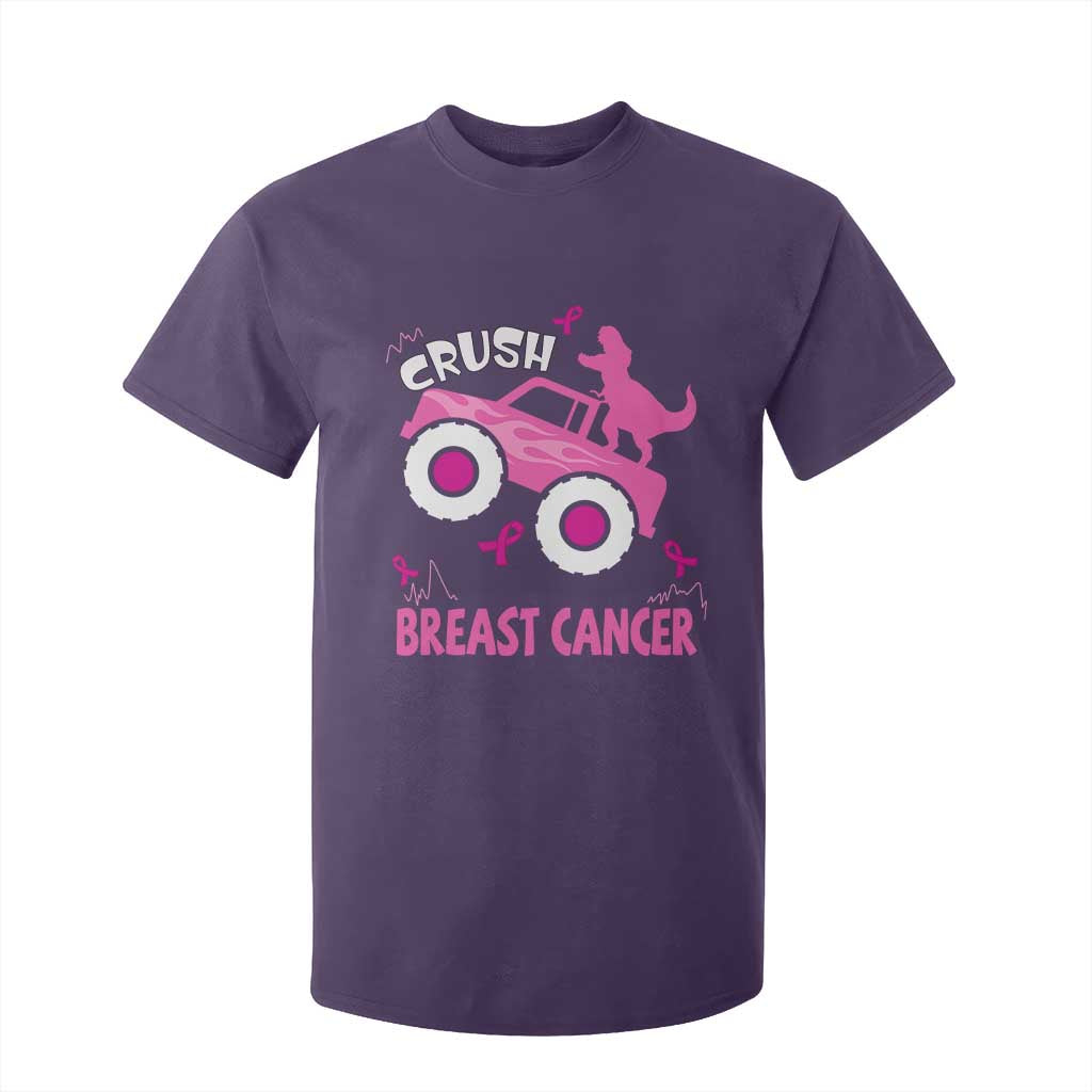 Crush Breast Cancer Support T Shirt For Kid Pink Ribbon Monster Truck Dinosaur
