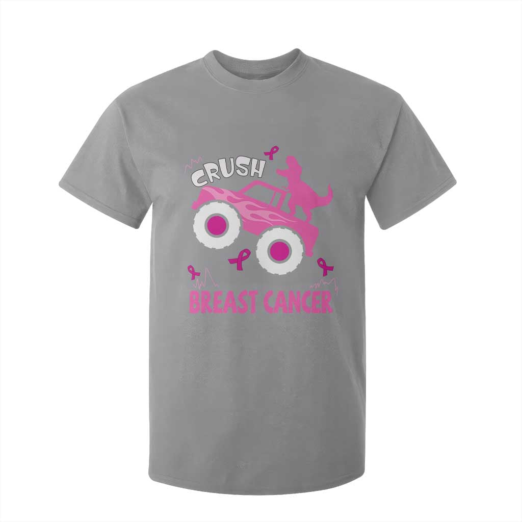 Crush Breast Cancer Support T Shirt For Kid Pink Ribbon Monster Truck Dinosaur