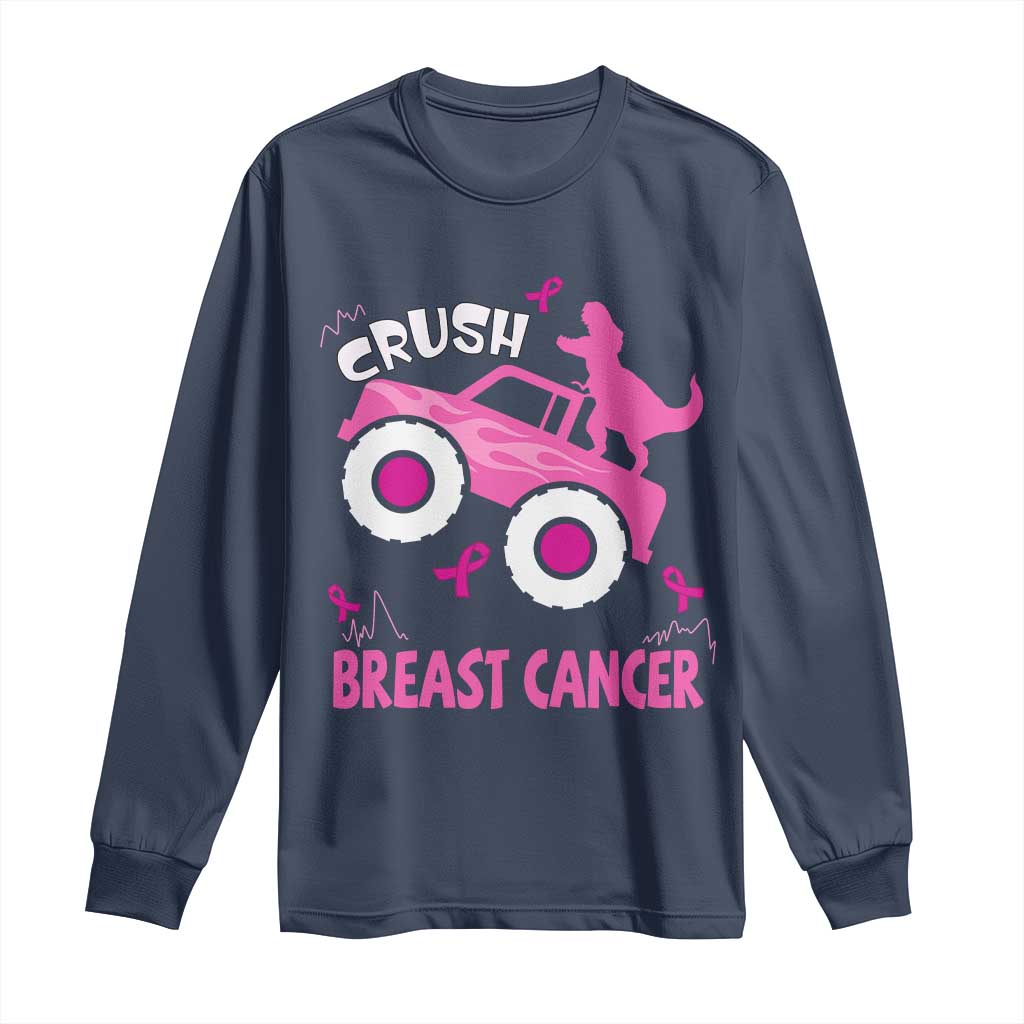 Crush Breast Cancer Support Long Sleeve Shirt Pink Ribbon Monster Truck Dinosaur