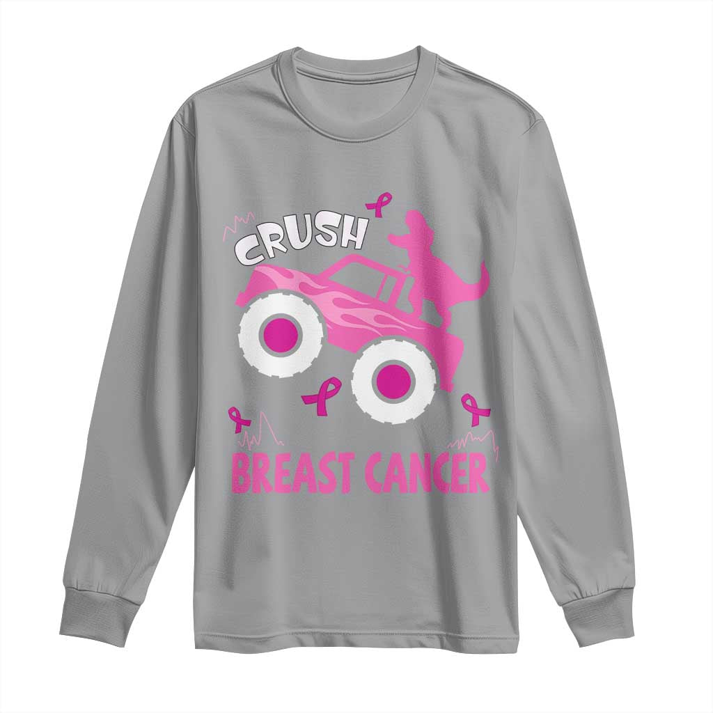 Crush Breast Cancer Support Long Sleeve Shirt Pink Ribbon Monster Truck Dinosaur
