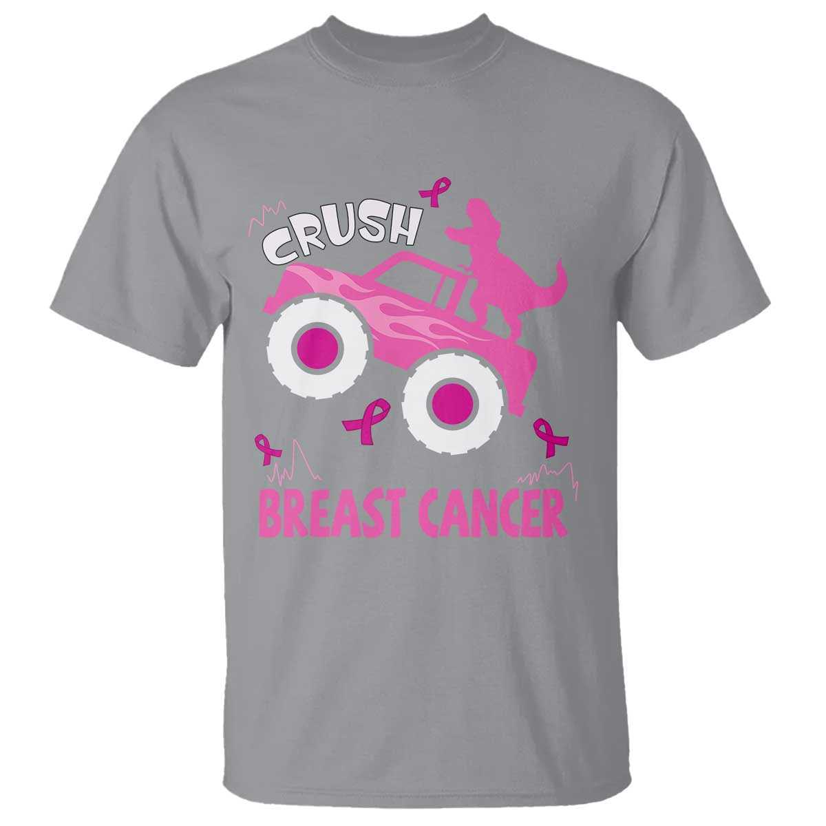 Crush Breast Cancer Support T Shirt Pink Ribbon Monster Truck Dinosaur