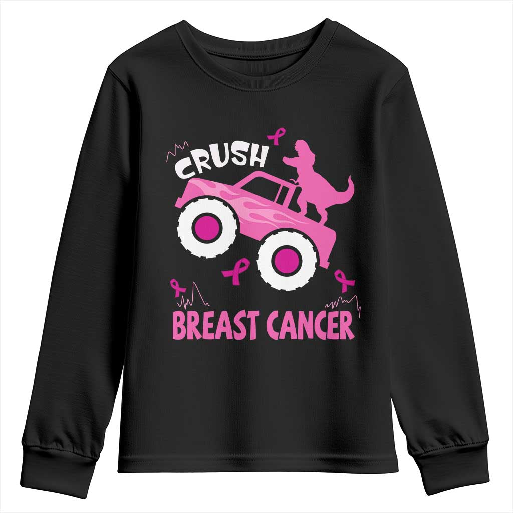 Crush Breast Cancer Support Youth Sweatshirt Pink Ribbon Monster Truck Dinosaur