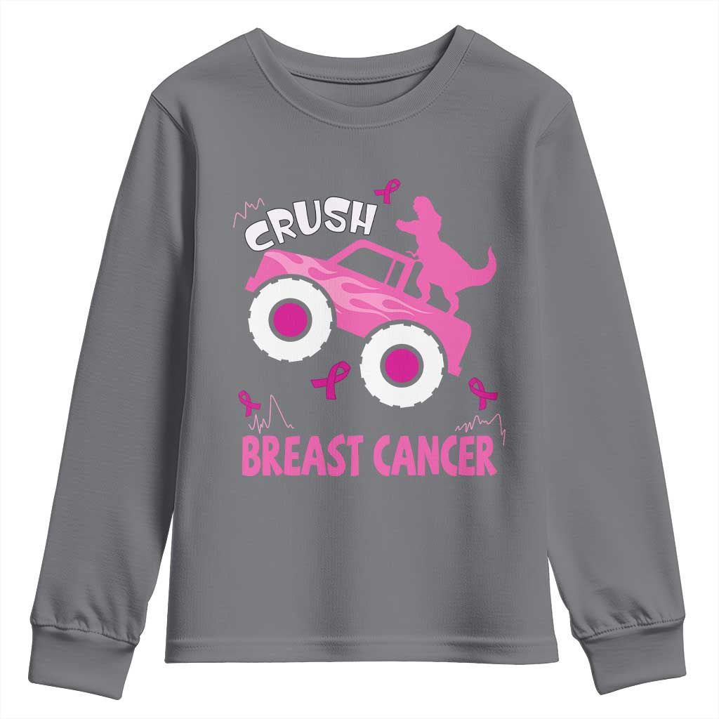 Crush Breast Cancer Support Youth Sweatshirt Pink Ribbon Monster Truck Dinosaur