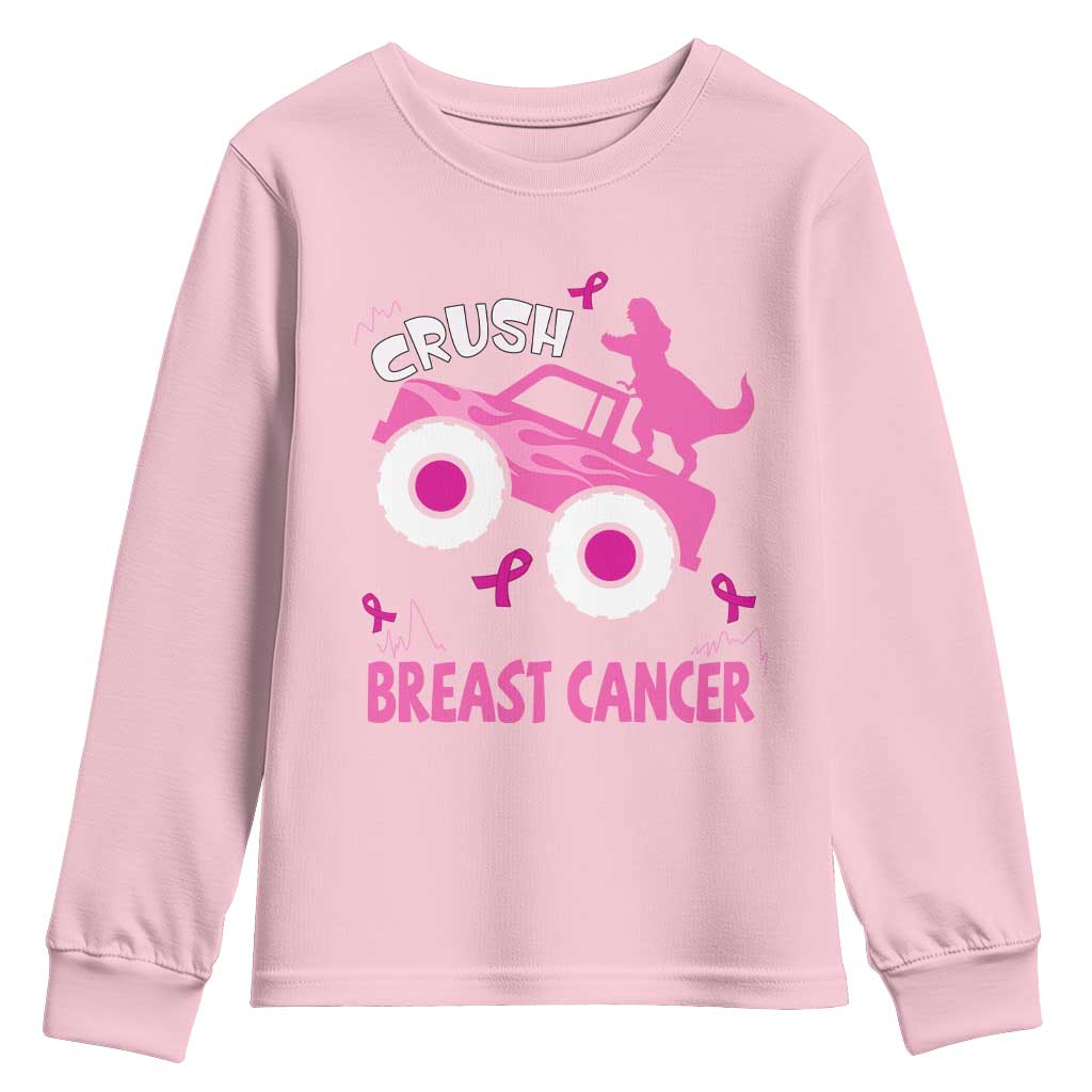Crush Breast Cancer Support Youth Sweatshirt Pink Ribbon Monster Truck Dinosaur
