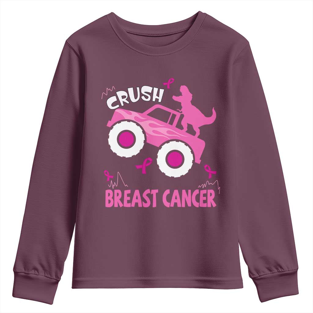 Crush Breast Cancer Support Youth Sweatshirt Pink Ribbon Monster Truck Dinosaur
