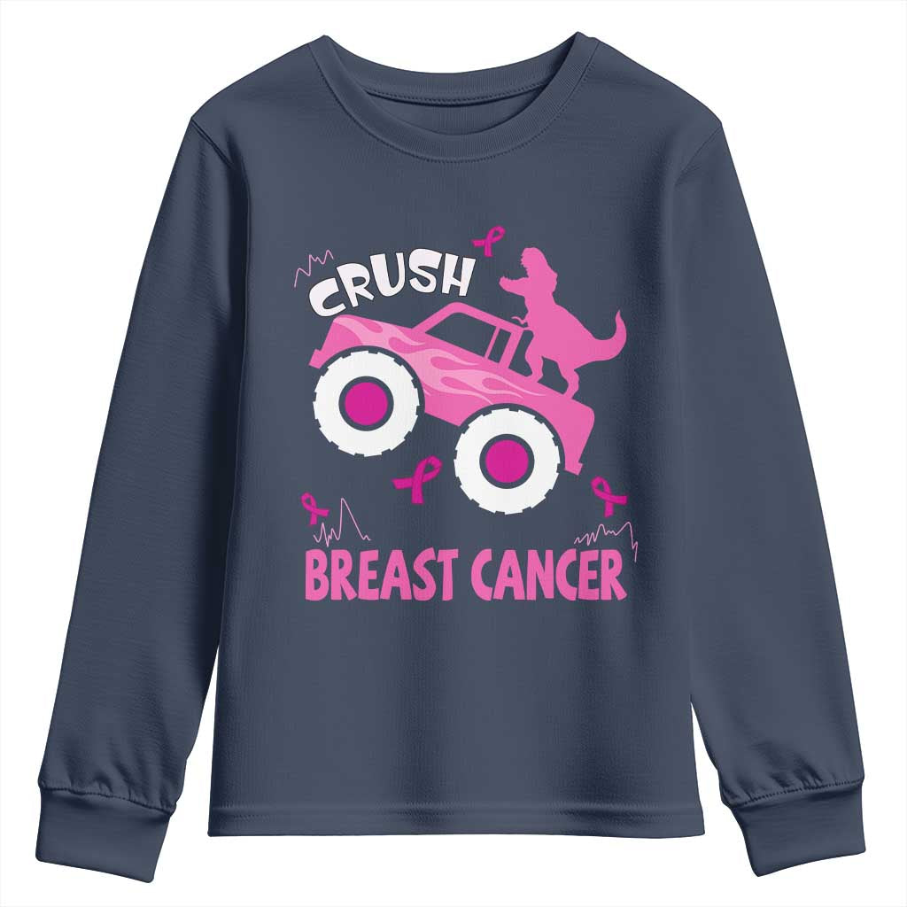 Crush Breast Cancer Support Youth Sweatshirt Pink Ribbon Monster Truck Dinosaur