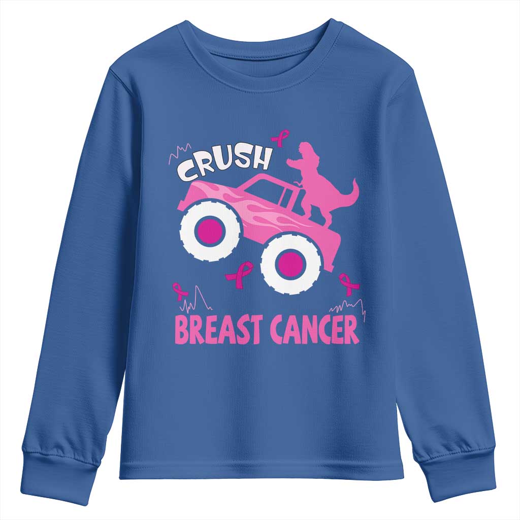 Crush Breast Cancer Support Youth Sweatshirt Pink Ribbon Monster Truck Dinosaur
