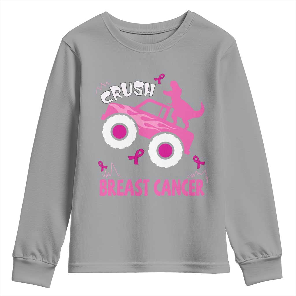 Crush Breast Cancer Support Youth Sweatshirt Pink Ribbon Monster Truck Dinosaur