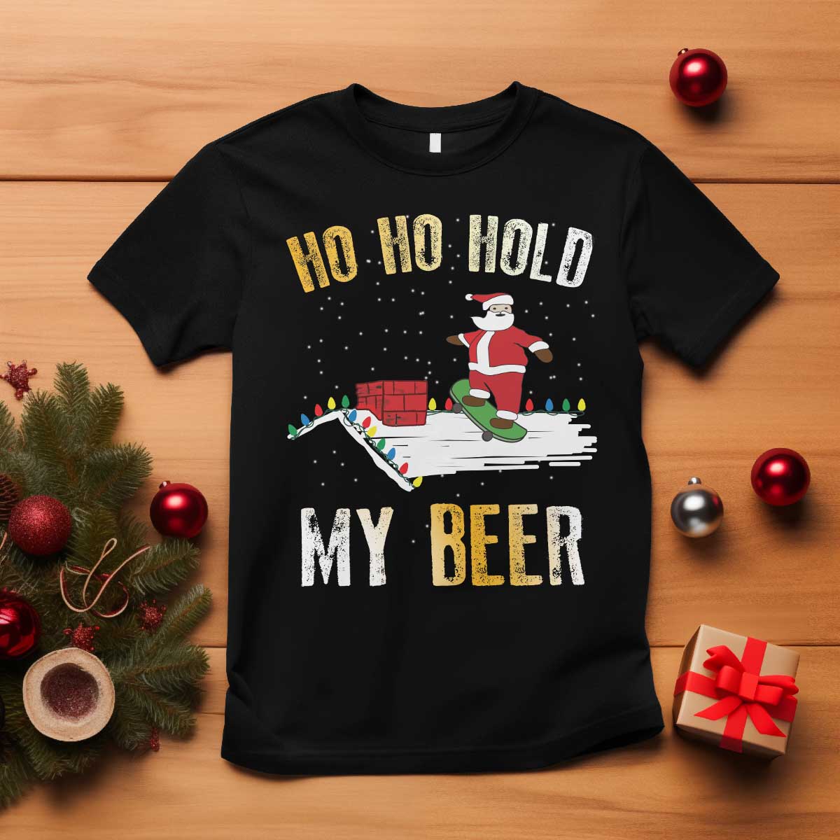 christmas-beer-t-shirt-funny-santa-ho-ho-hold-my-beer-skateboard-roof