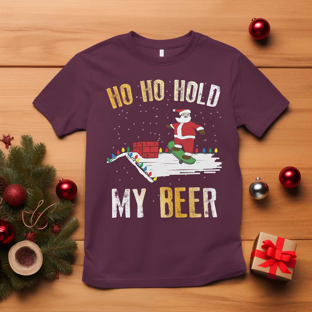 christmas-beer-t-shirt-funny-santa-ho-ho-hold-my-beer-skateboard-roof