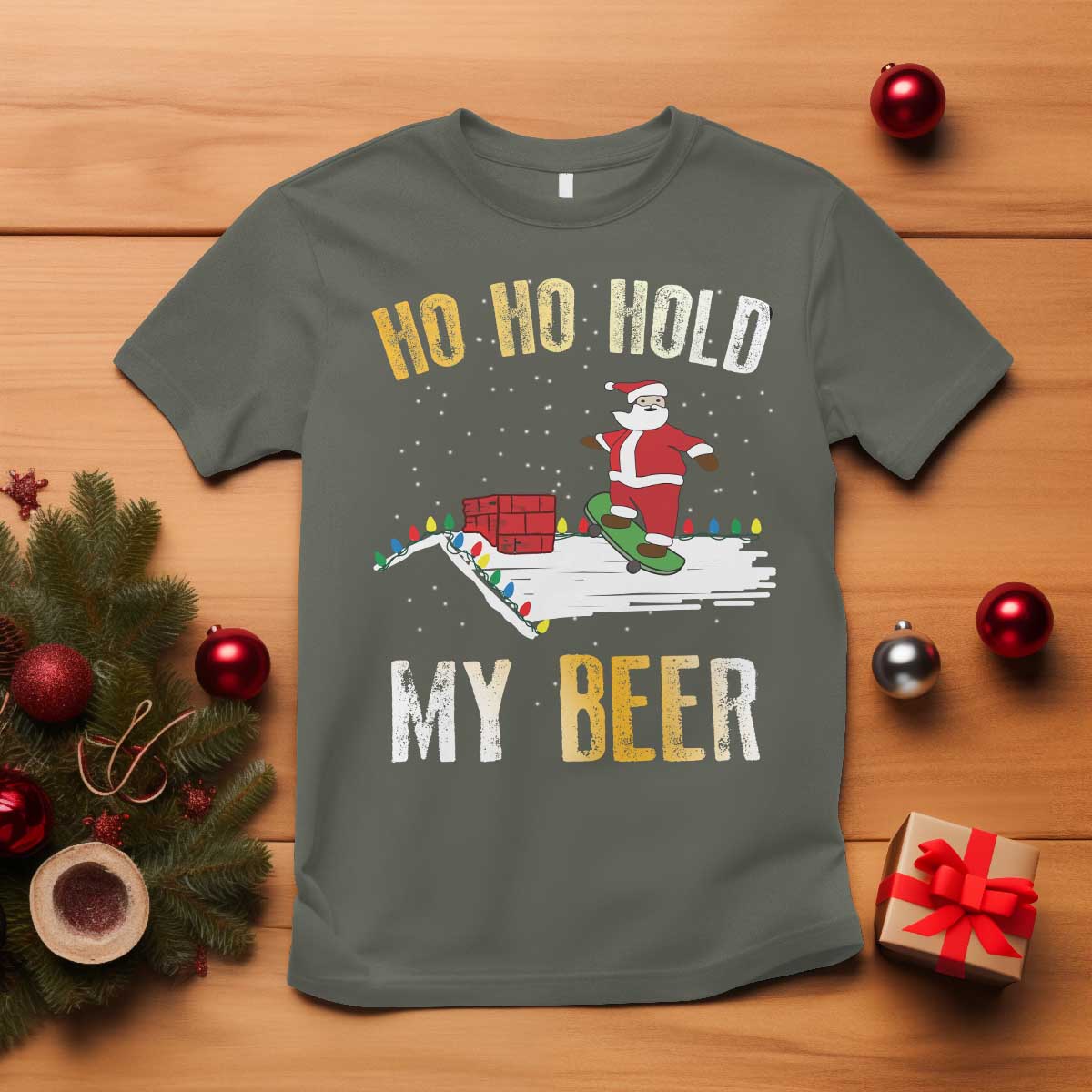 christmas-beer-t-shirt-funny-santa-ho-ho-hold-my-beer-skateboard-roof