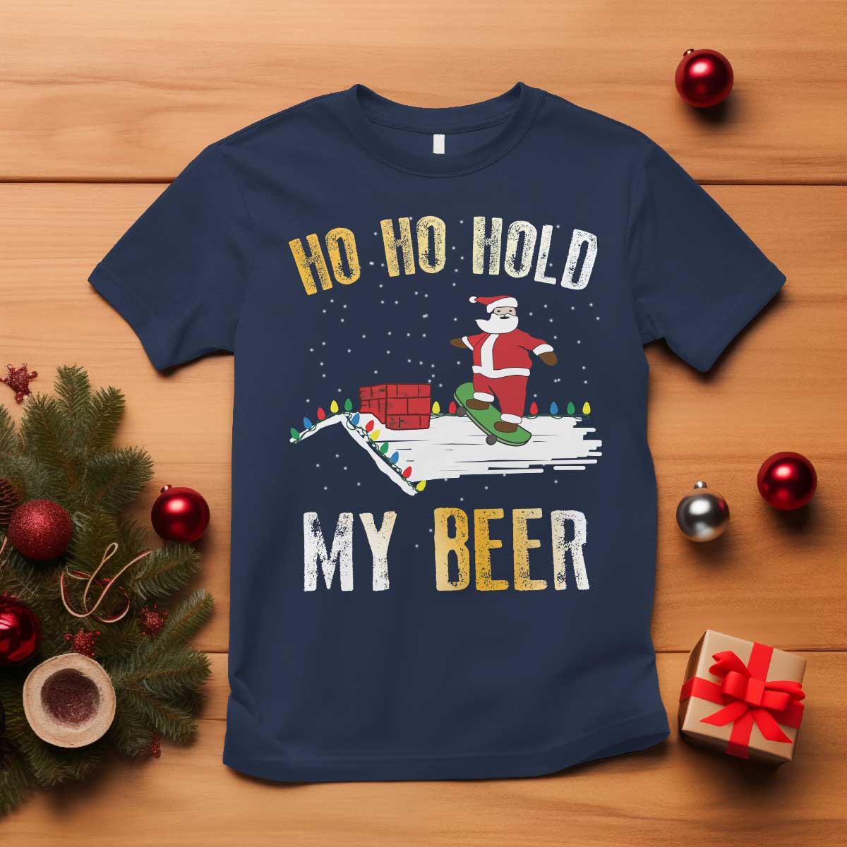 christmas-beer-t-shirt-funny-santa-ho-ho-hold-my-beer-skateboard-roof