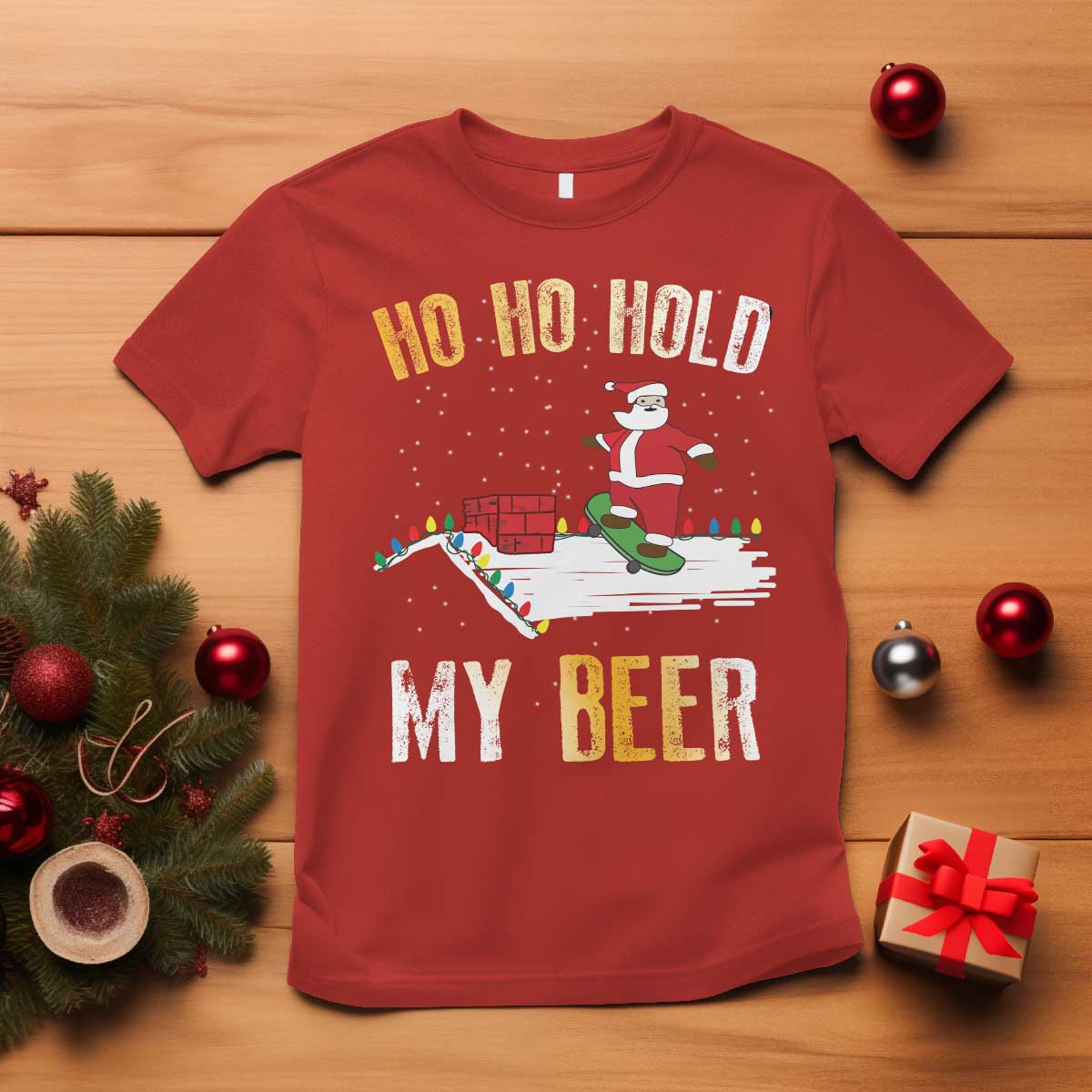 christmas-beer-t-shirt-funny-santa-ho-ho-hold-my-beer-skateboard-roof