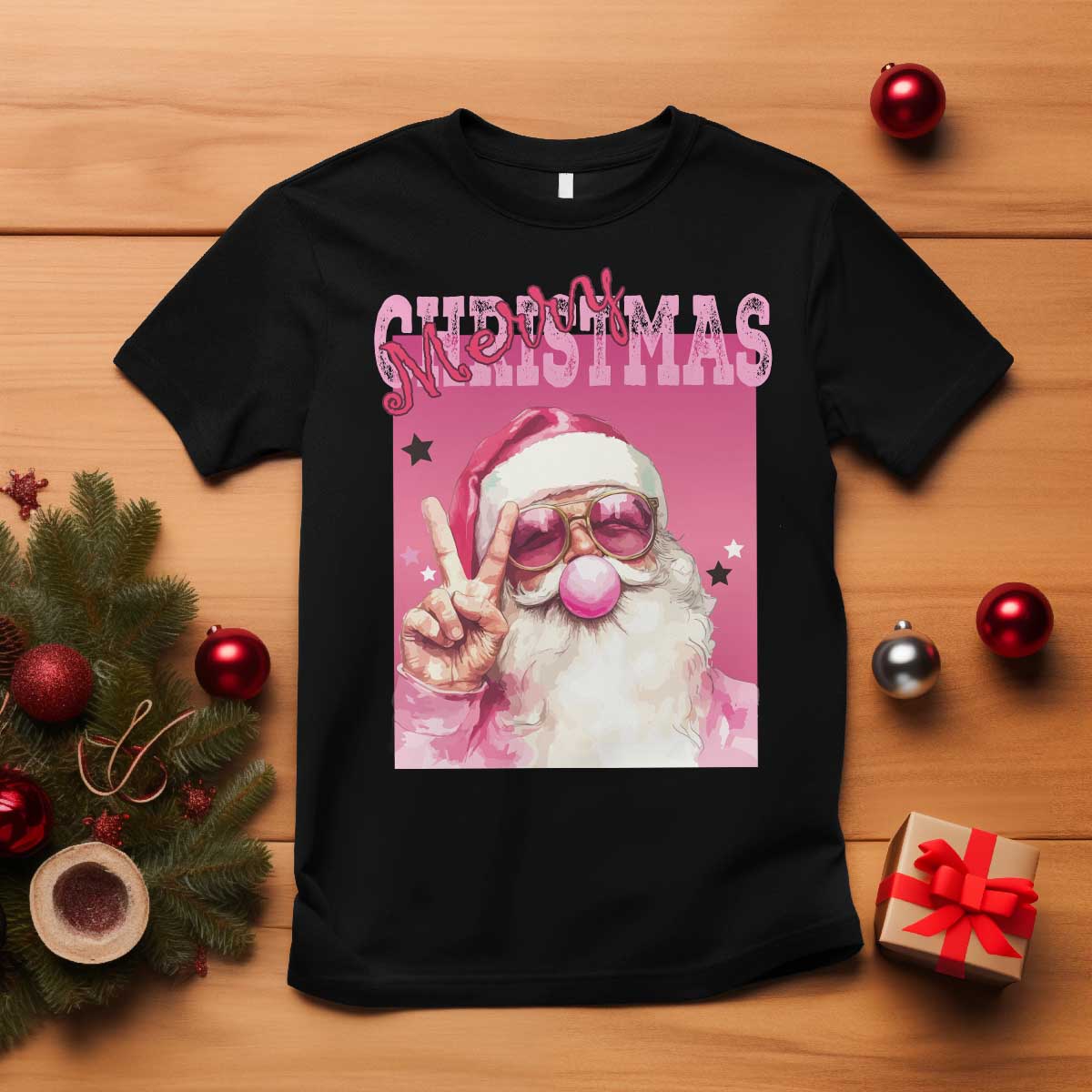 pink-santa-retro-christmas-t-shirt-blowing-bubble-pink-xmas-matching-family-group-party