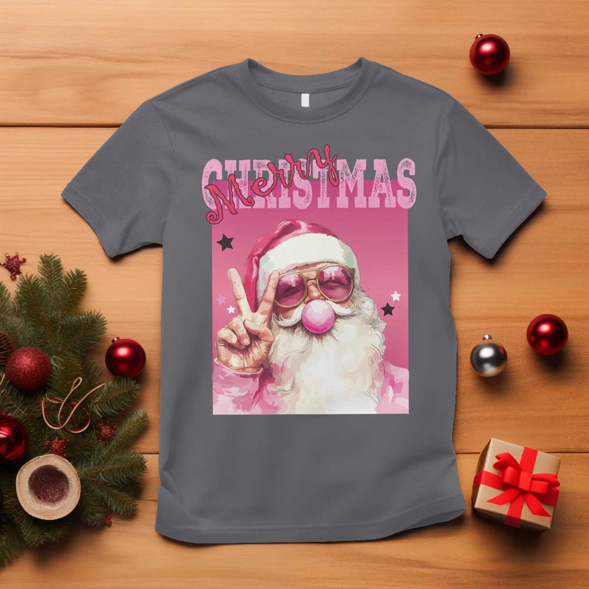pink-santa-retro-christmas-t-shirt-blowing-bubble-pink-xmas-matching-family-group-party