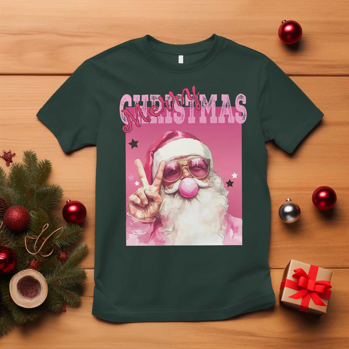 pink-santa-retro-christmas-t-shirt-blowing-bubble-pink-xmas-matching-family-group-party