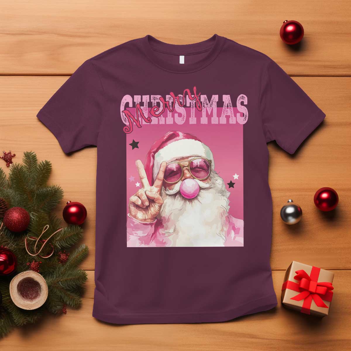 pink-santa-retro-christmas-t-shirt-blowing-bubble-pink-xmas-matching-family-group-party