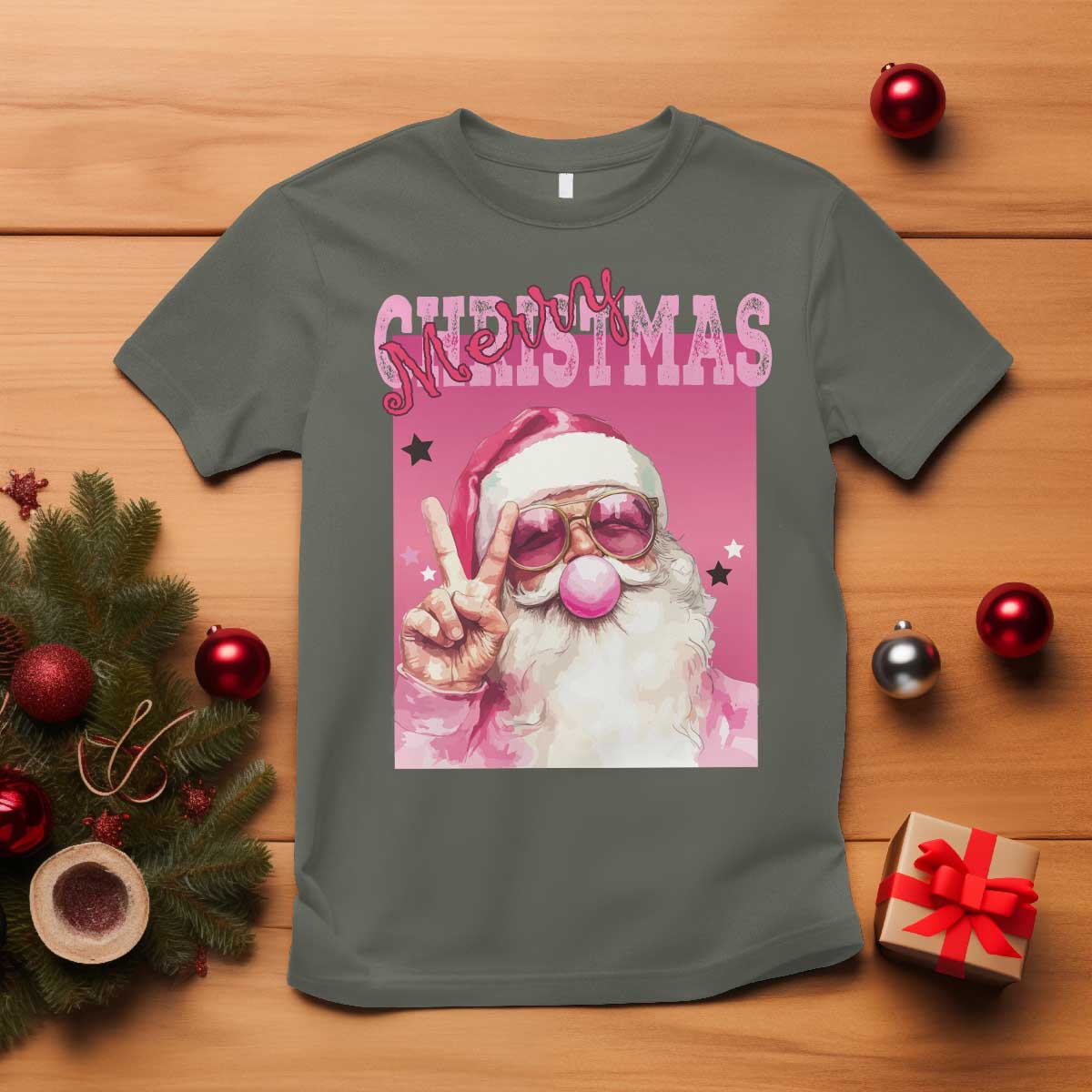 pink-santa-retro-christmas-t-shirt-blowing-bubble-pink-xmas-matching-family-group-party