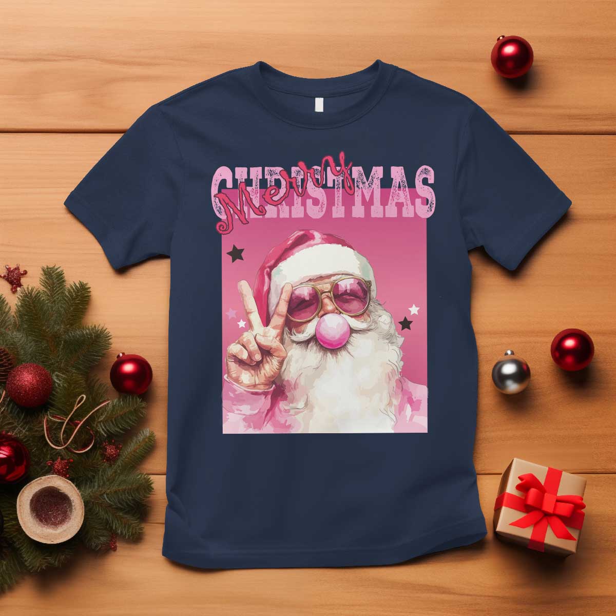 pink-santa-retro-christmas-t-shirt-blowing-bubble-pink-xmas-matching-family-group-party