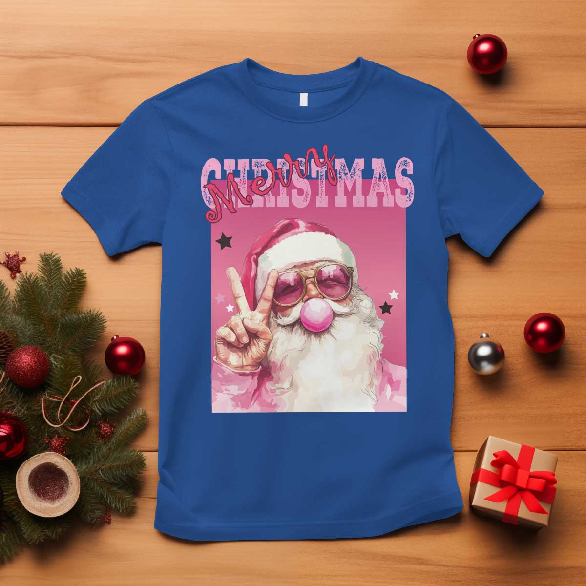 pink-santa-retro-christmas-t-shirt-blowing-bubble-pink-xmas-matching-family-group-party
