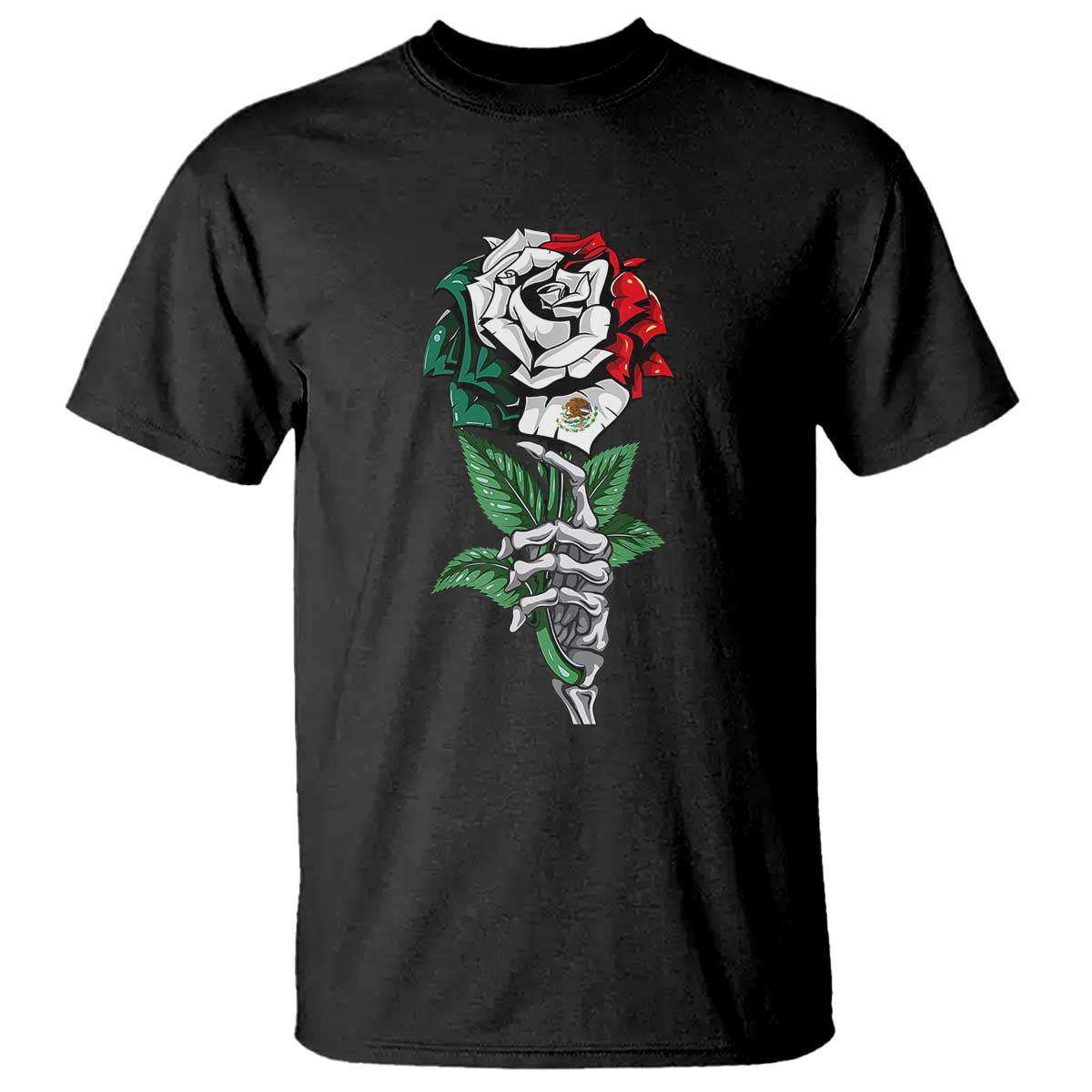 skeleton-hand-holding-mexico-flag-rose-t-shirt-dia-de-los-muertos