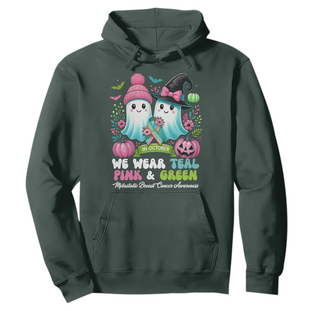 Metastatic Breast Cancer Support Ghost Hoodie Halloween Green Teal Pink Ribbon