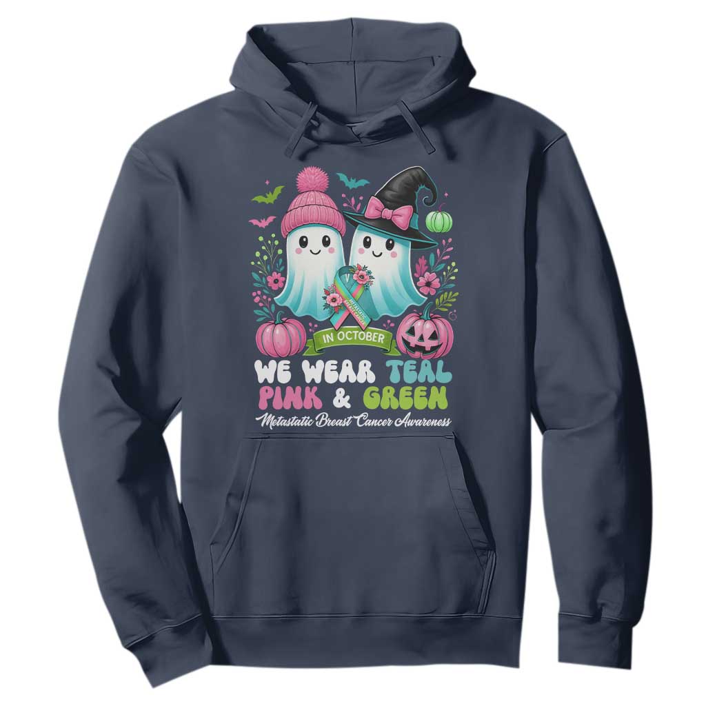 Metastatic Breast Cancer Support Ghost Hoodie Halloween Green Teal Pink Ribbon
