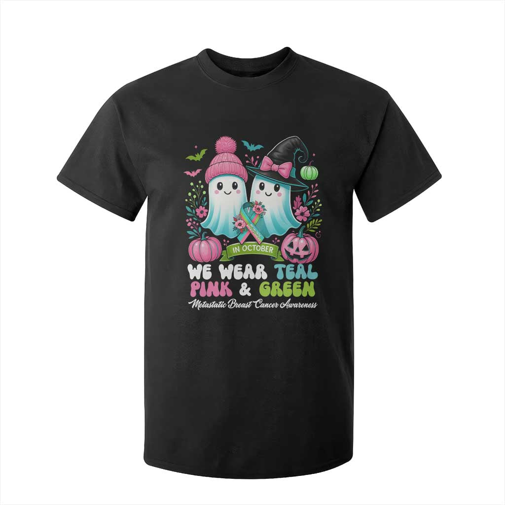 Metastatic Breast Cancer Support Ghost T Shirt For Kid Halloween Green Teal Pink Ribbon
