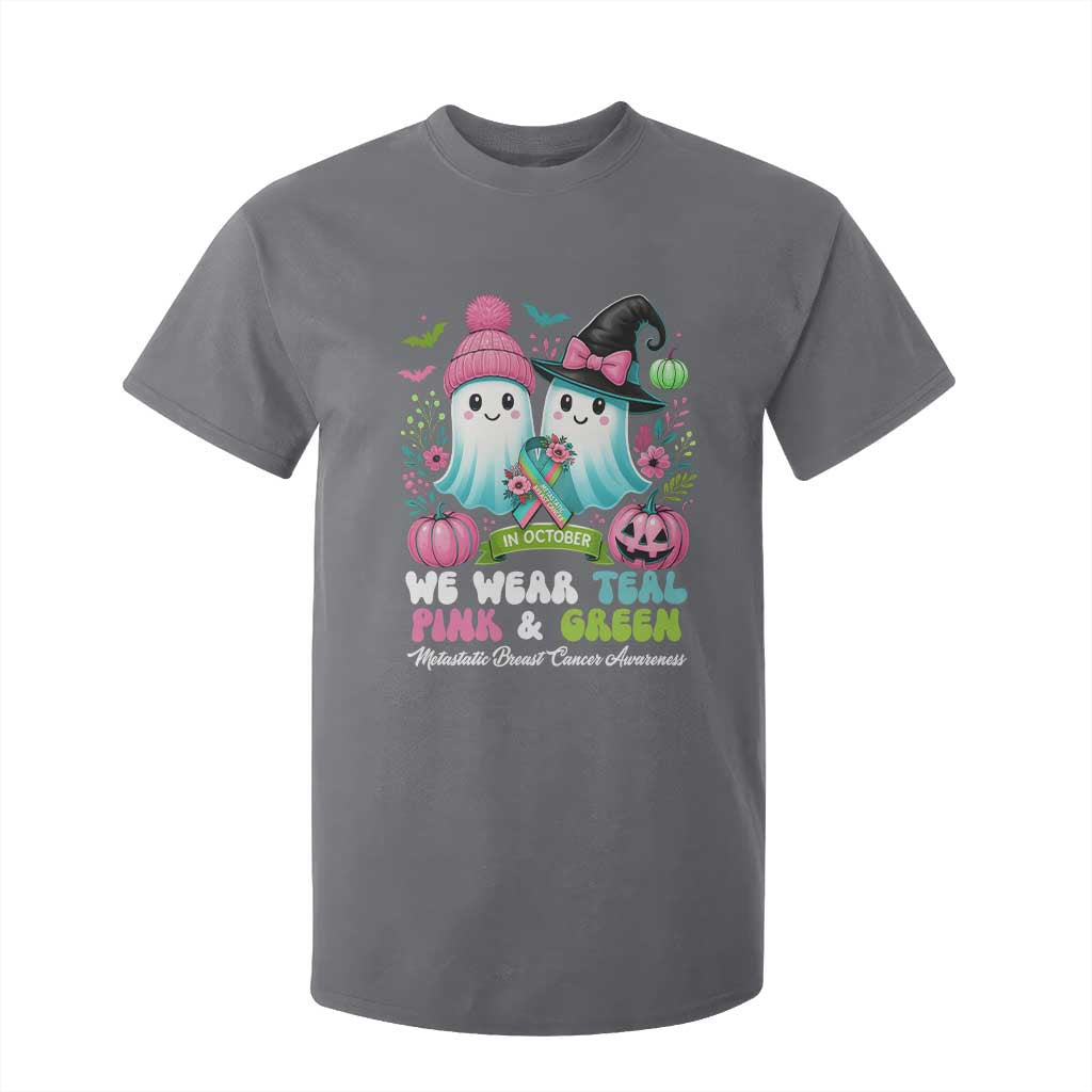 Metastatic Breast Cancer Support Ghost T Shirt For Kid Halloween Green Teal Pink Ribbon