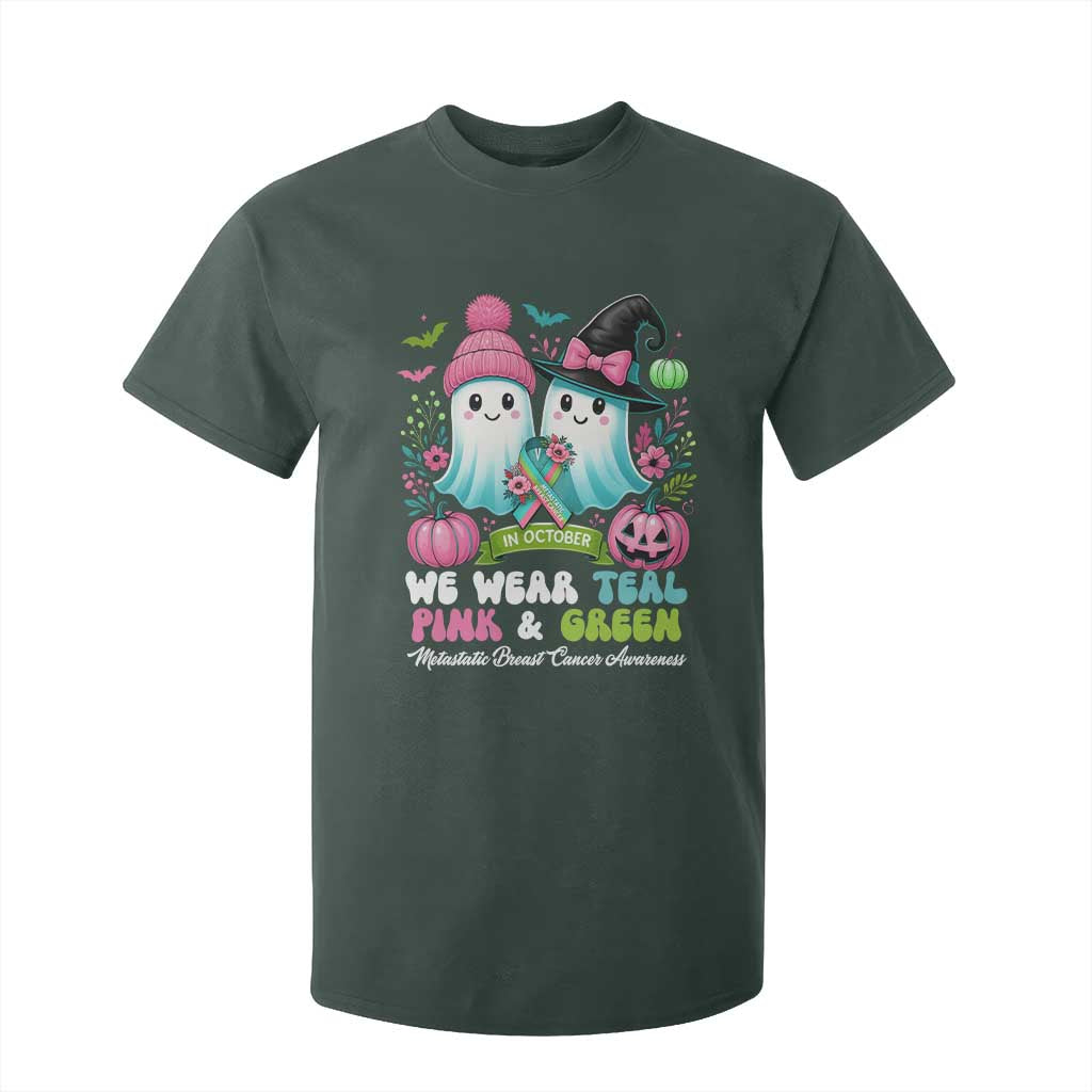 Metastatic Breast Cancer Support Ghost T Shirt For Kid Halloween Green Teal Pink Ribbon